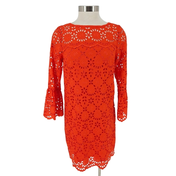 J.CREW Shift Dress Tangerine Orange Floral Embroidered Eyelet Bell Long Sleeve 4 - Picture 1 of 11